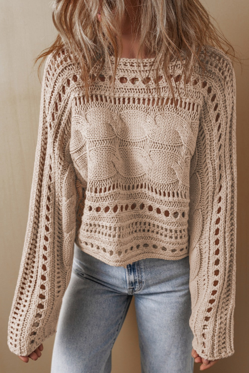 Cable-Knit Openwork Long Sleeve Sweater | Maekery Studio