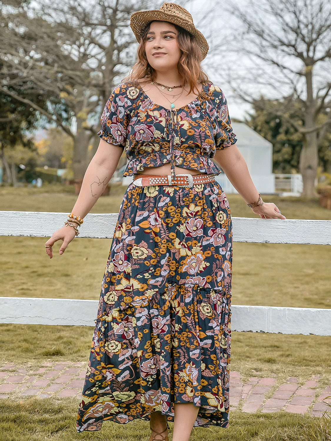 Plus Size Tie Neck Short Sleeve Top and Skirt Set | Maekery Studio