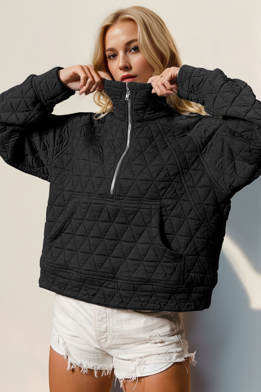 Double Take Half Zip Long Sleeve Quilted Sweatshirt with Pocket | Maekery Studio