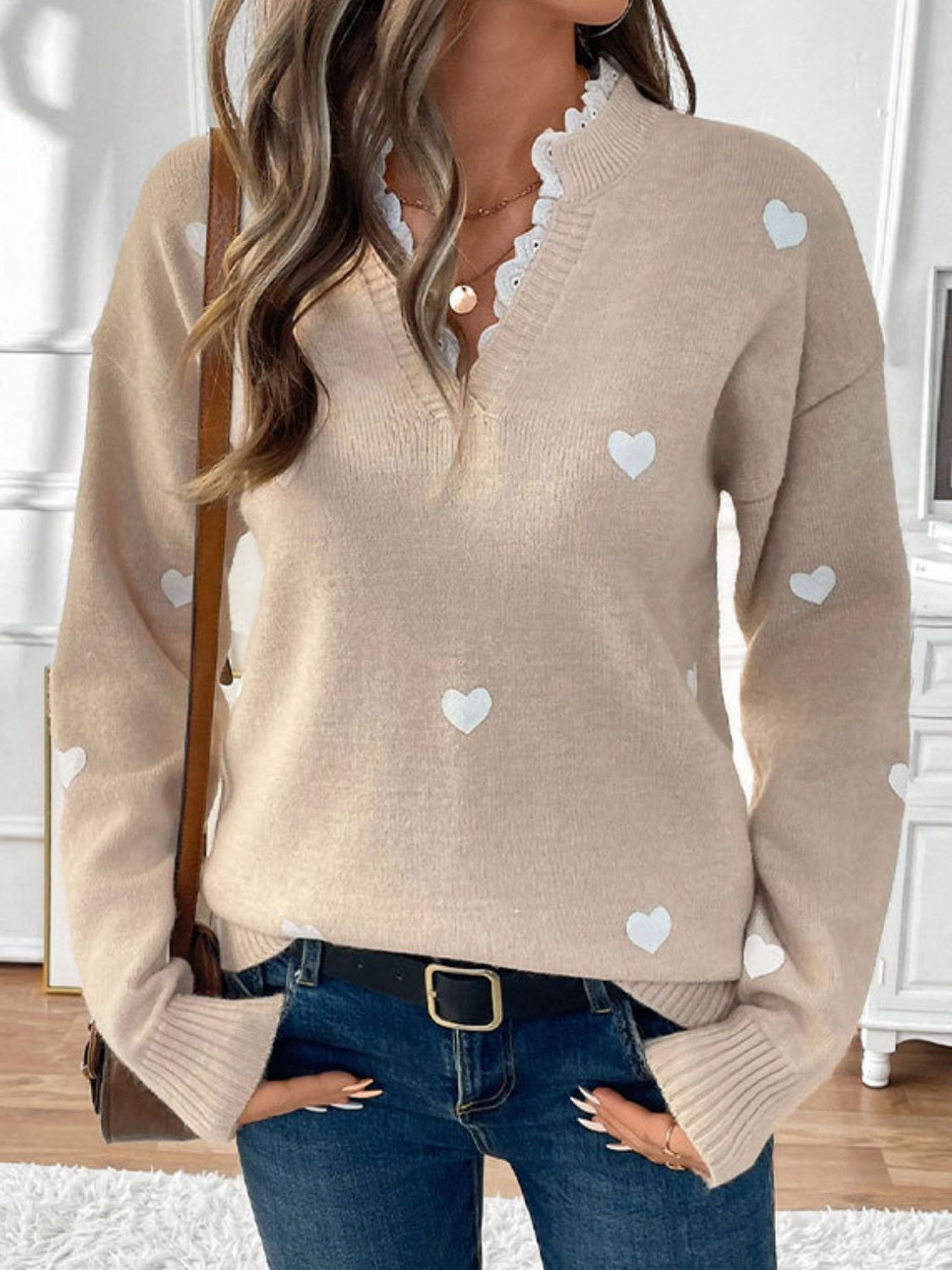 Perfee Lace Detail Notched Long Sleeve Sweater | Maekery Studio