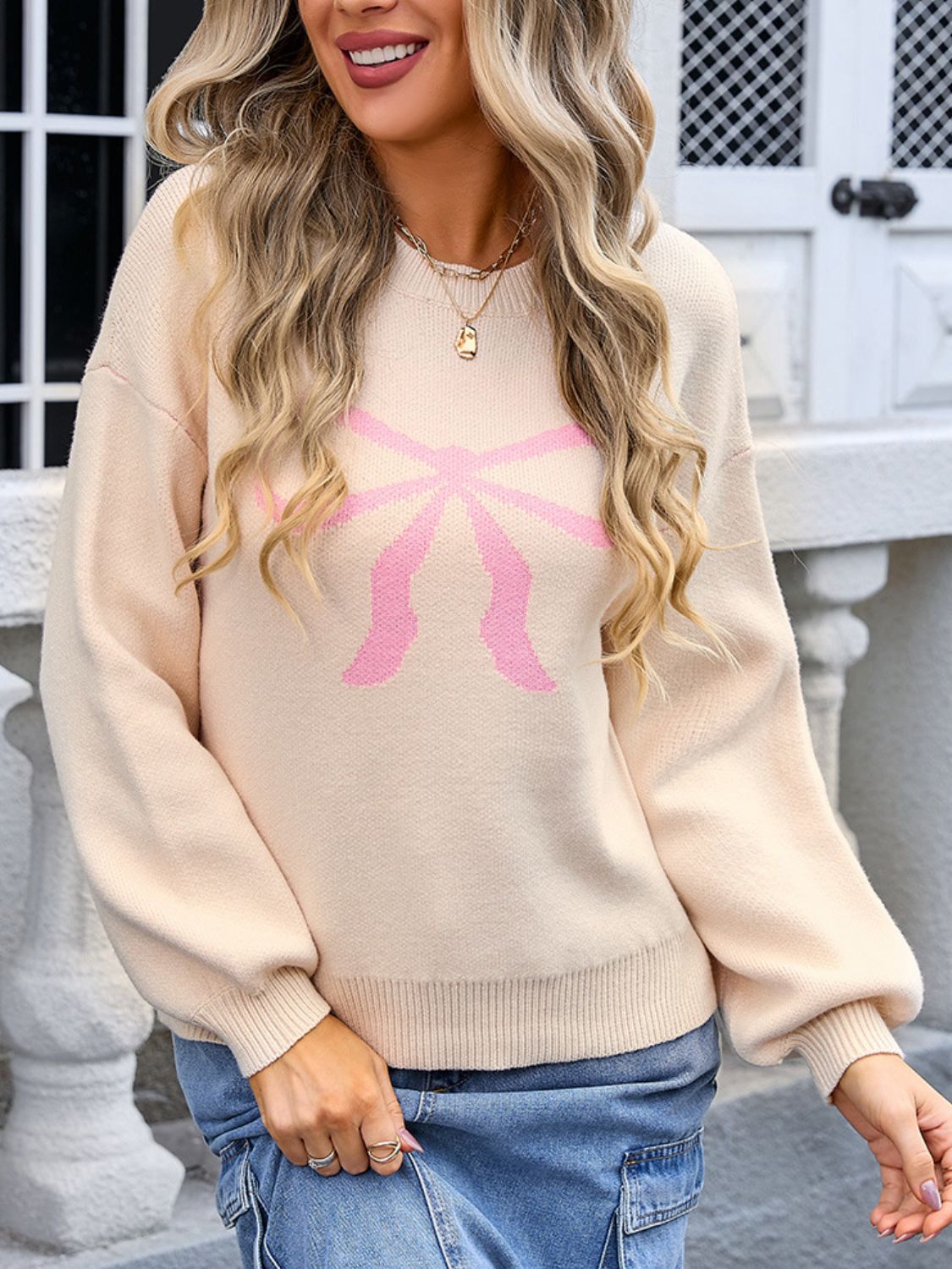 Angel Wings Bow Graphic Round Neck Long Sleeve Sweater | Maekery Studio