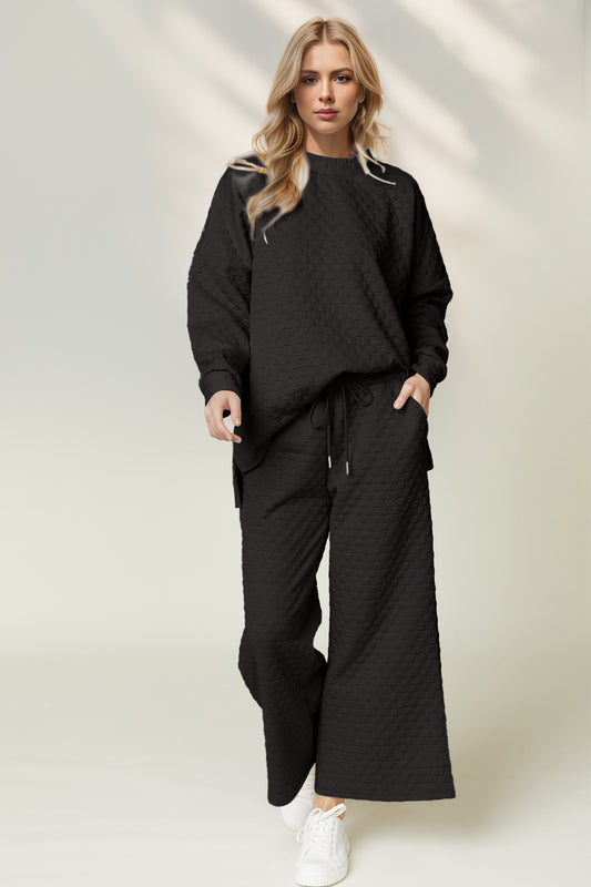 Double Take Checkered Slit High-Low Round Neck Top and Wide Leg Pants Set | Maekery Studio