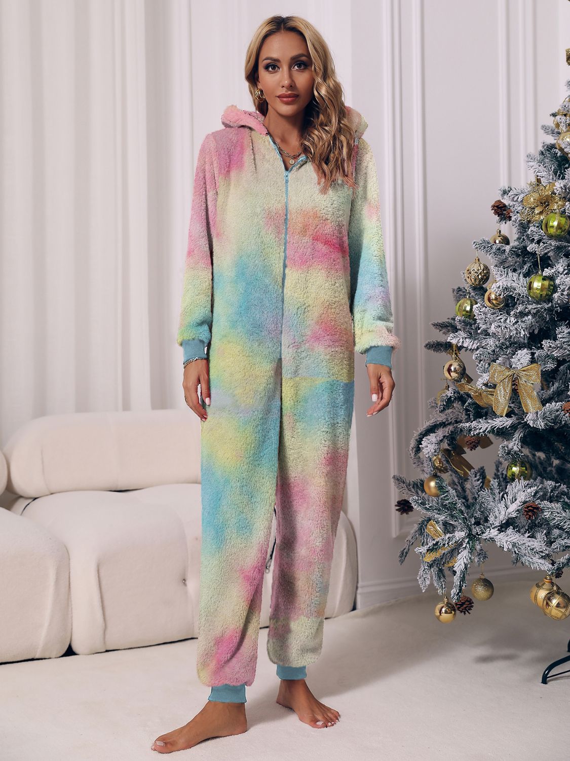 Zip Front Long Sleeve Hooded Teddy Lounge Jumpsuit | Maekery Studio