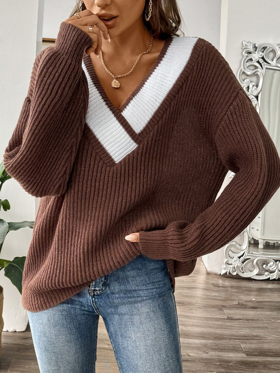 Contrast Dropped Shoulder Long Sleeve Sweater | Maekery Studio