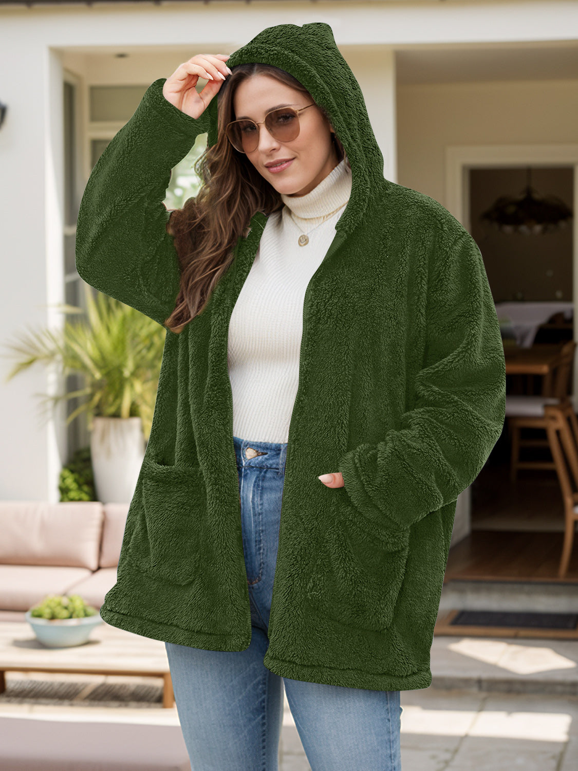 Plus Size Zip Up Long Sleeve Hooded Outerwear | Maekery Studio