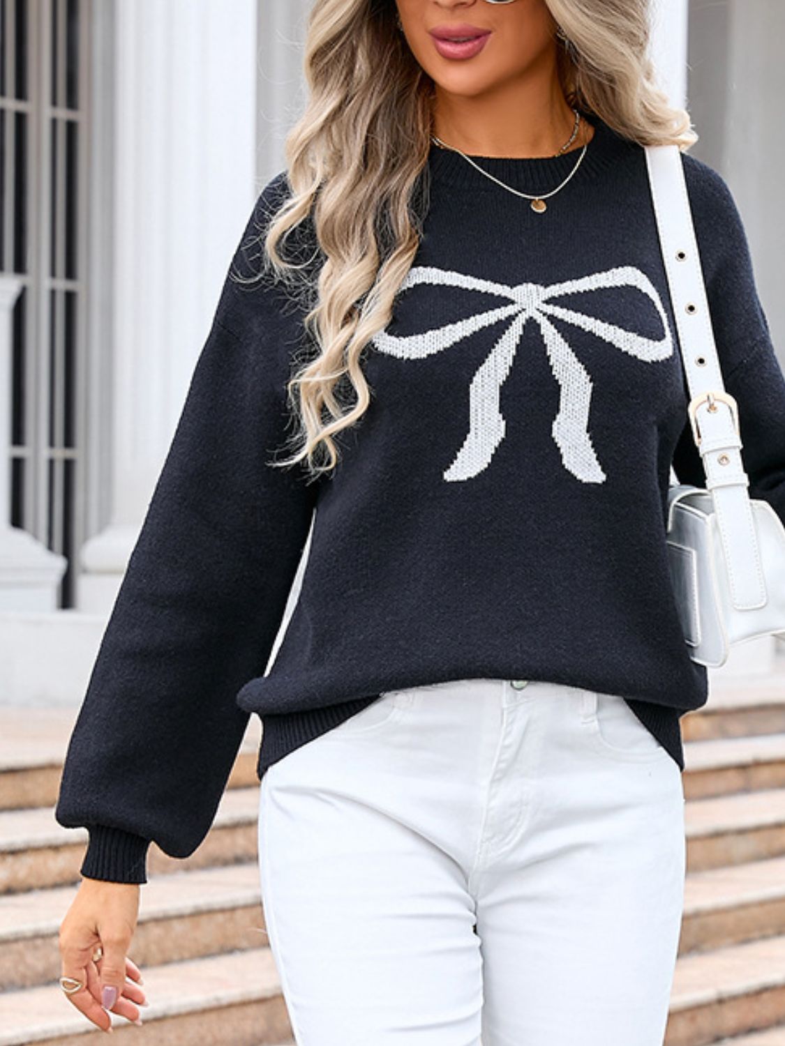 Angel Wings Bow Graphic Round Neck Long Sleeve Sweater | Maekery Studio