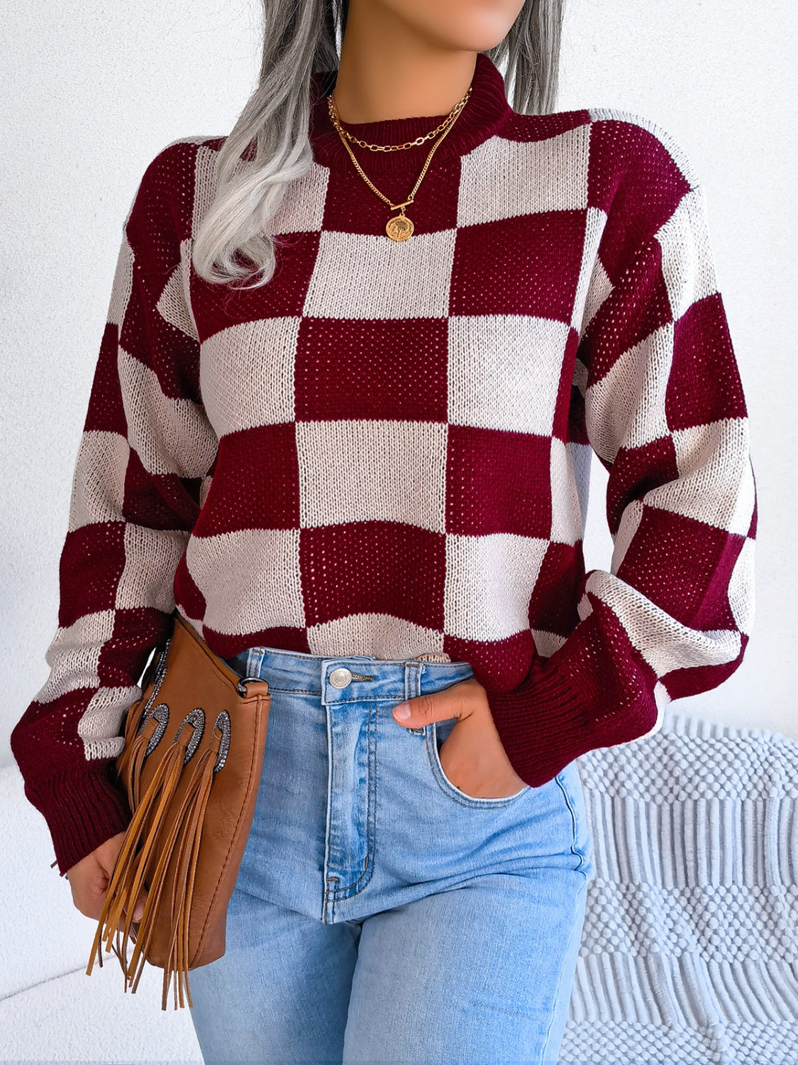 Checkered Mock Neck Long Sleeve Sweater | Maekery Studio