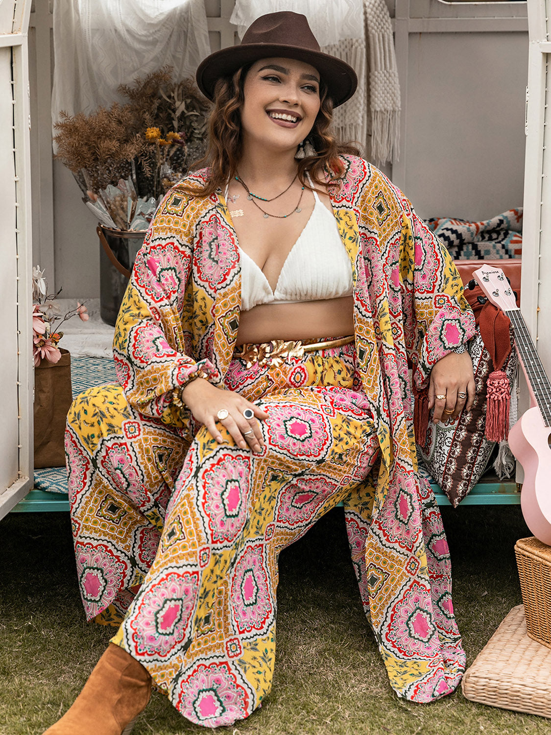 Plus Size Printed Open Front Cover Up and Pants Set | Maekery Studio