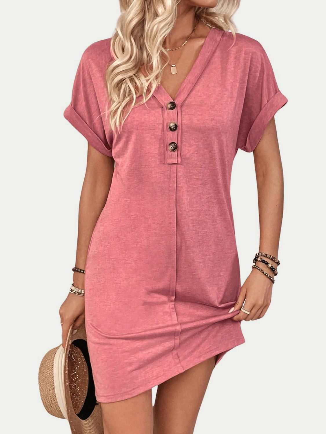 Quarter Button V-Neck Short Sleeve Dress | Maekery Studio