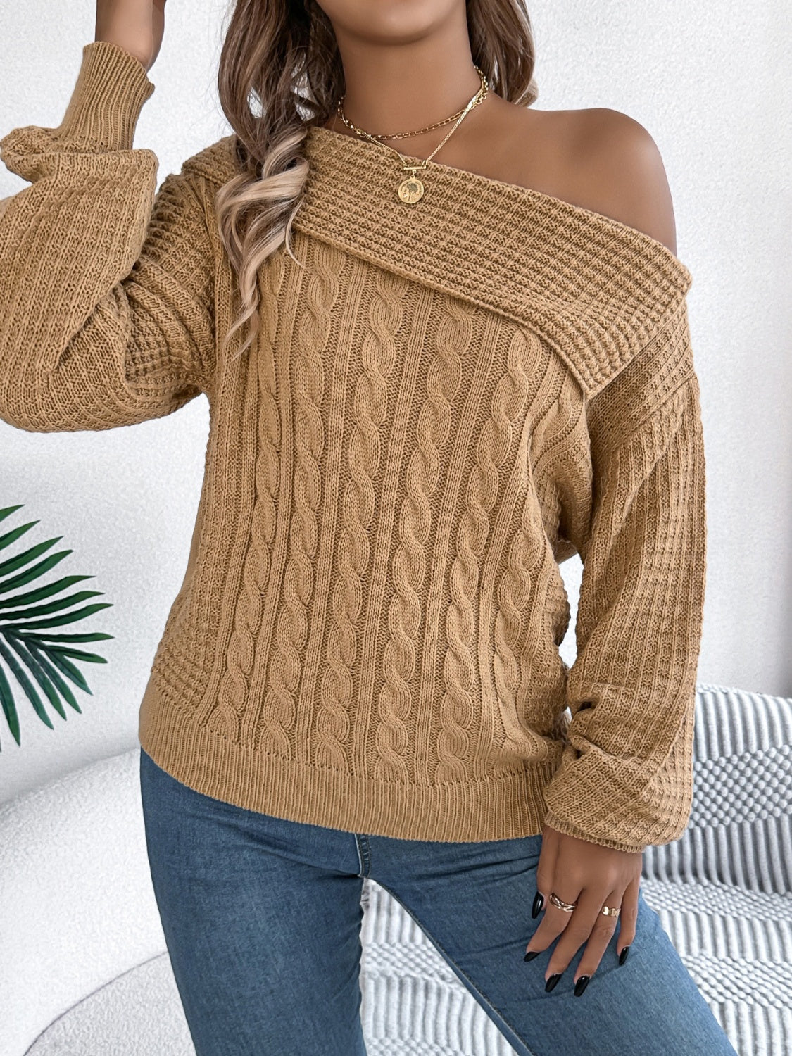 Cable-Knit One Shoulder Long Sleeve Sweater | Maekery Studio