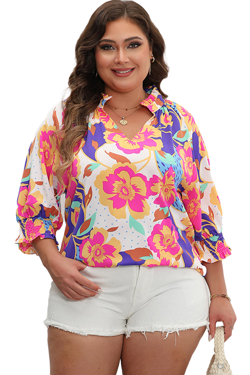 Rose Red Floral Puff Sleeve Notched Neck Plus Blouse | Maekery Studio