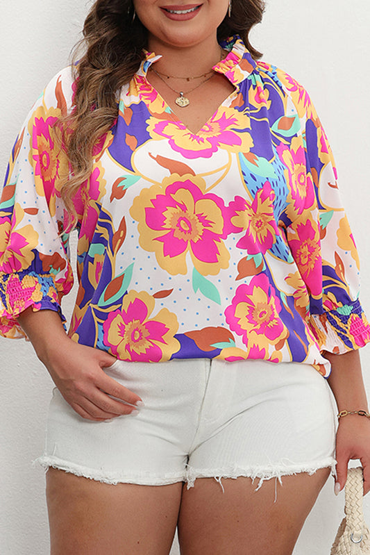 Rose Red Floral Puff Sleeve Notched Neck Plus Blouse | Maekery Studio