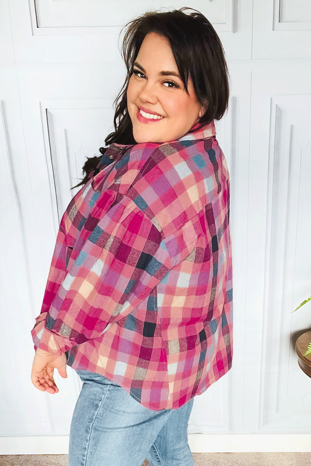 Rose Checkered Print Button-up Plus Size Shirt | Maekery Studio