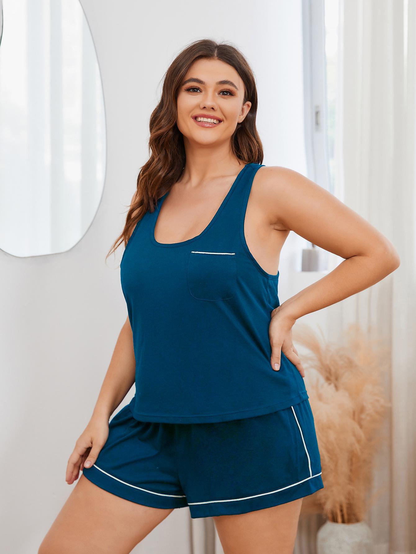 Plus Size Contrast Piping Racerback Tank and Shorts Lounge Set | Maekery Studio