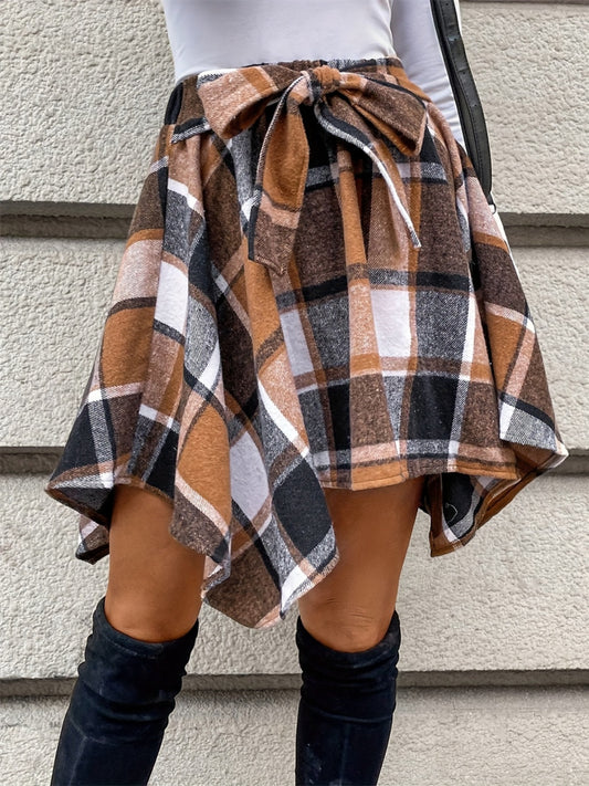 Tied Plaid Asymmetrical Hem Skirt | Maekery Studio