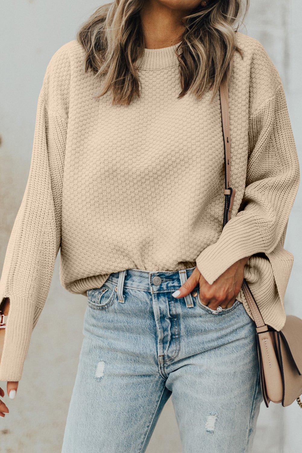 Textured Round Neck Long Sleeve Sweater | Maekery Studio