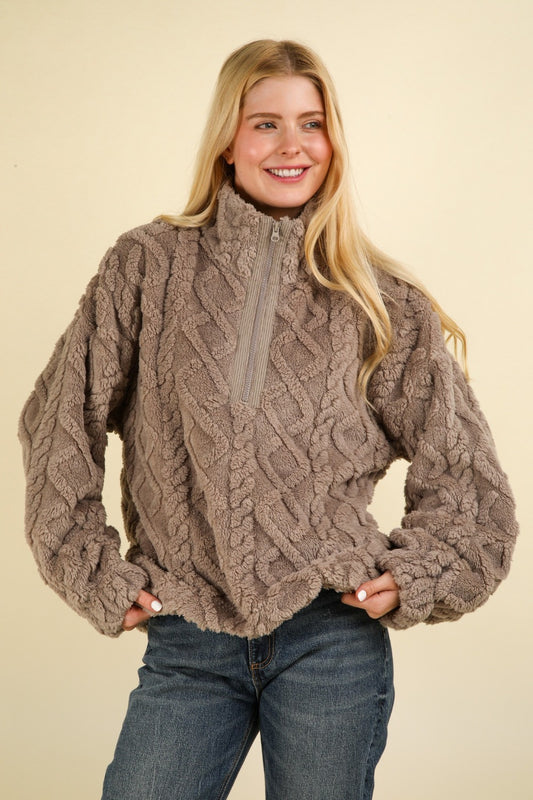 VERY J Fuzzy Fleece Half Zip Cable Pattern Sweatshirt | Maekery Studio