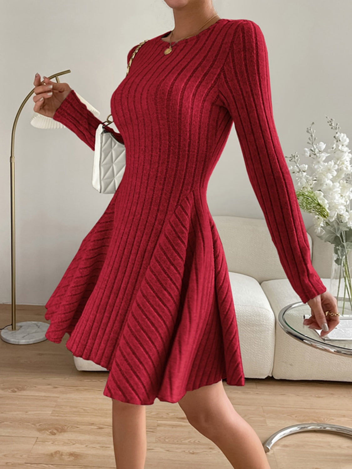 Ribbed Round Neck Long Sleeve Dress | Maekery Studio