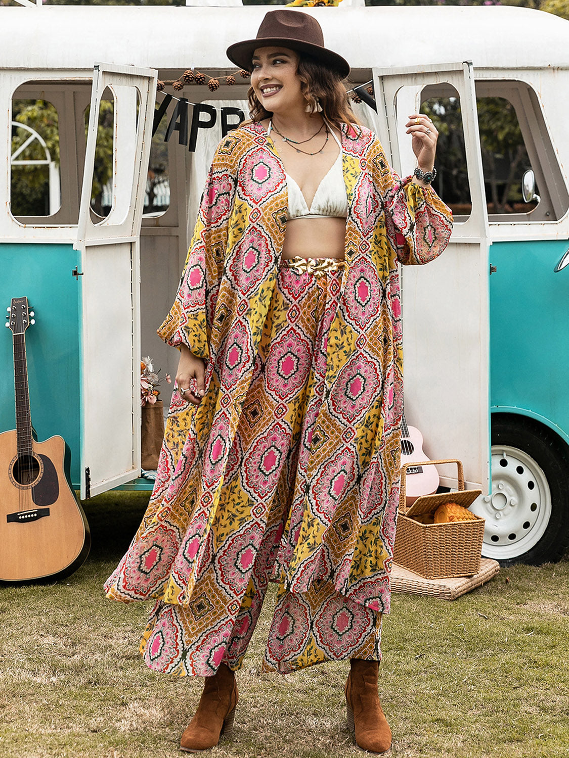 Plus Size Printed Open Front Cover Up and Pants Set | Maekery Studio