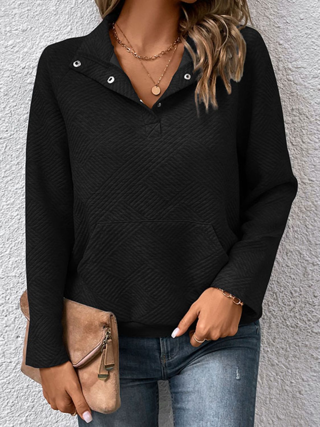 Perfee Half Buttoned Collared Neck Sweatshirt with Pocket | Maekery Studio