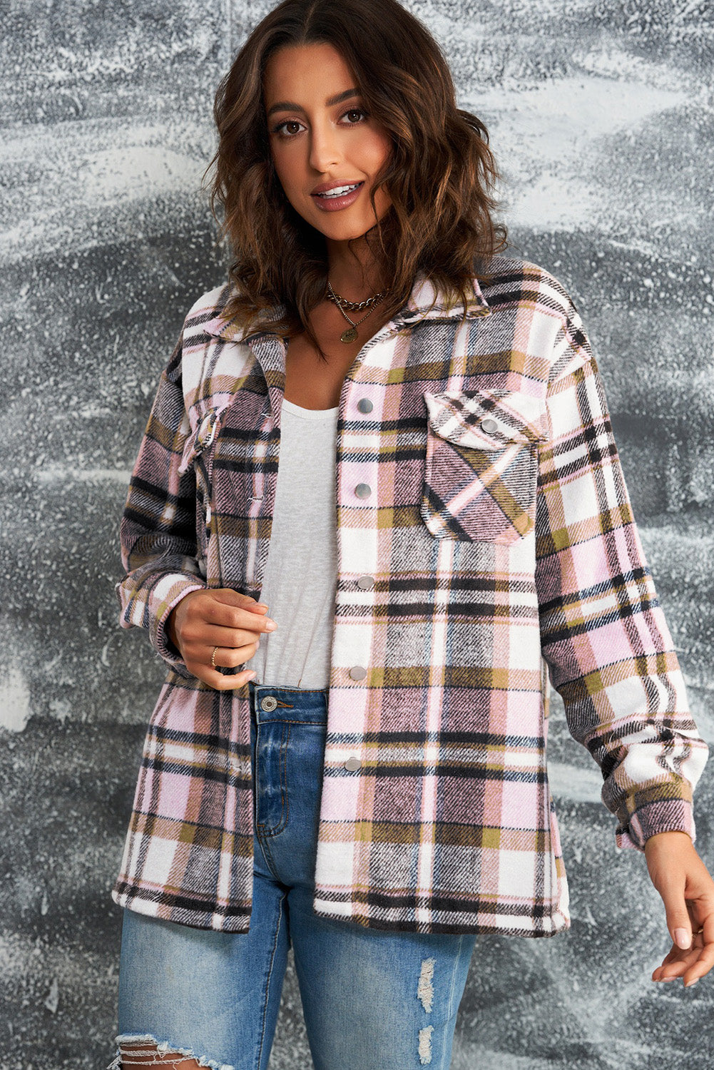 Plaid Button Front Shirt Jacket with Breast Pockets | Maekery Studio