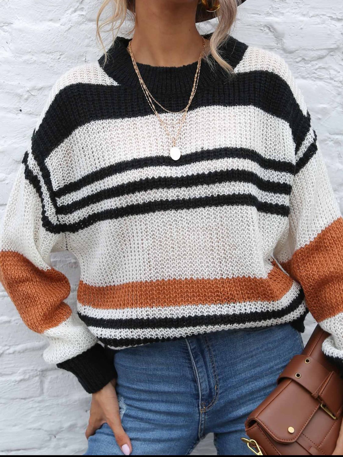 Contrast Striped Round Neck Long Sleeve Sweater | Maekery Studio