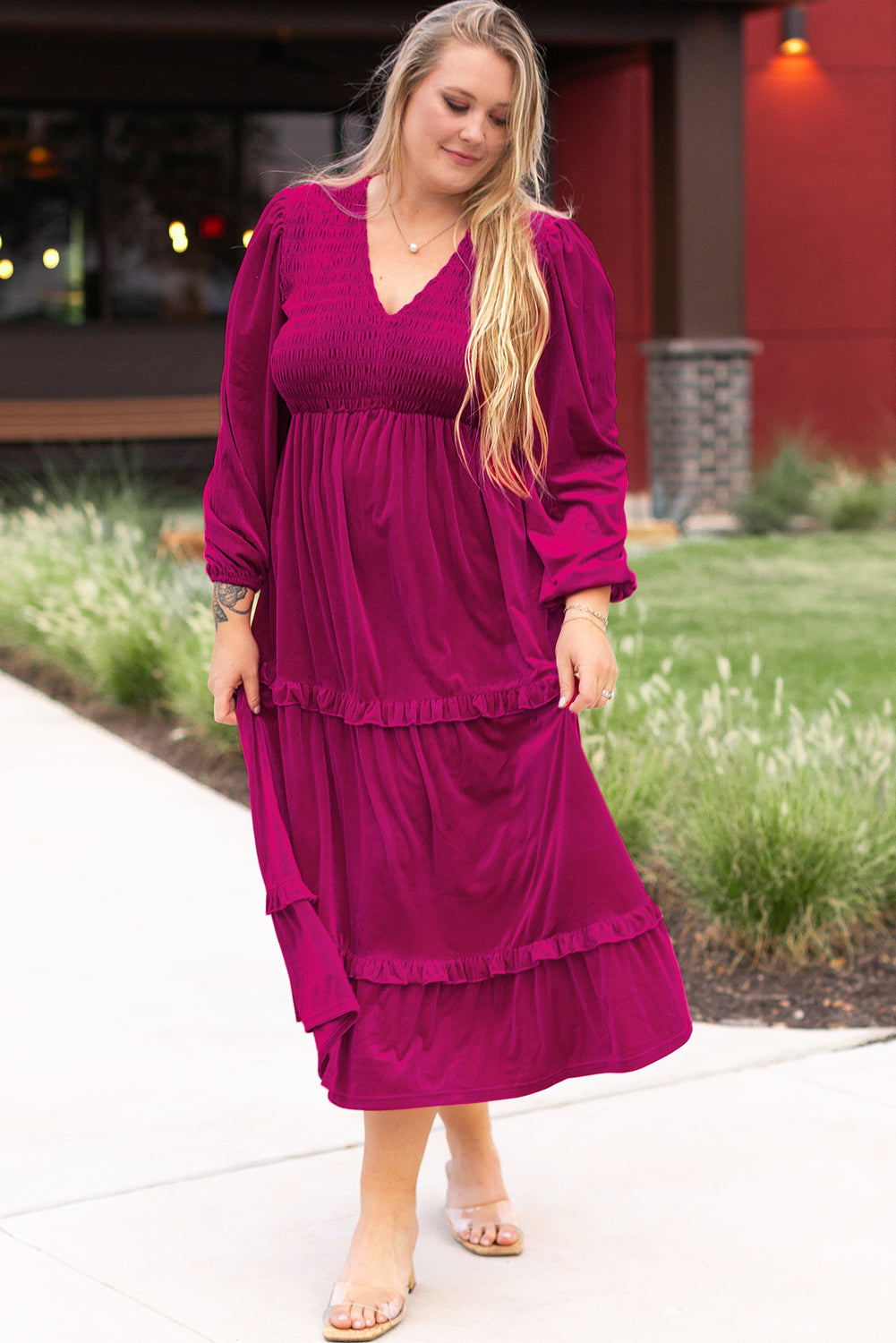 Rose Red Smocked V Neck Tiered Ruffle Velvet Plus Size Maxi Dress | Maekery Studio