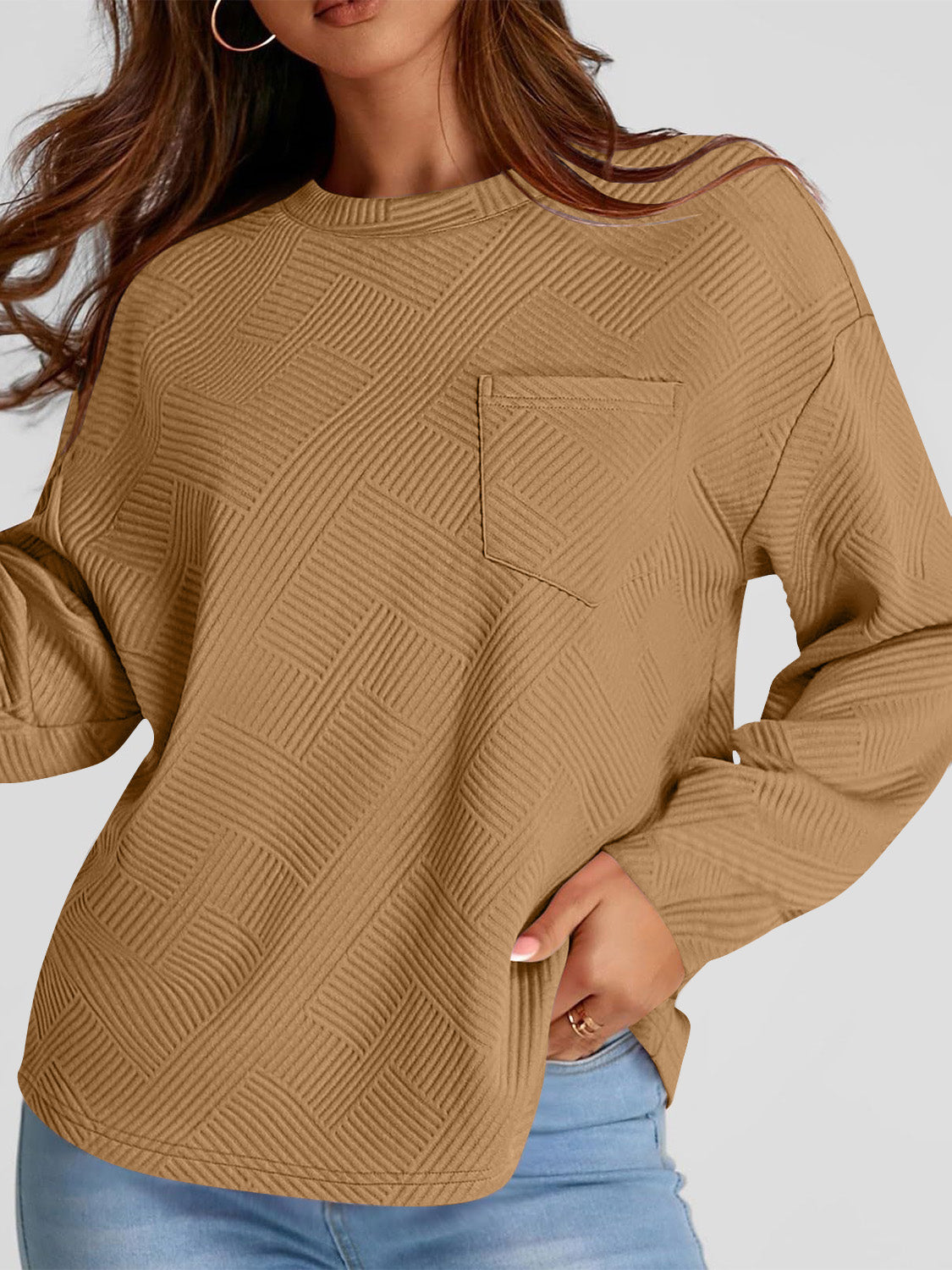 Full Size Texture Round Neck Long Sleeve Sweatshirt | Maekery Studio