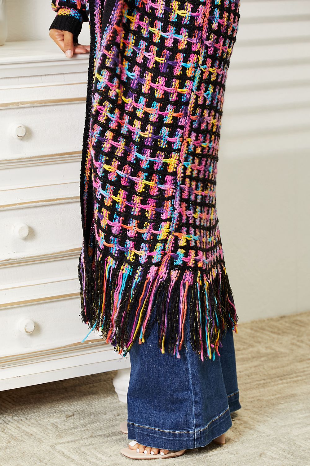 Angel Wings Full Size Multicolored Open Front Fringe Hem Cardigan | Maekery Studio