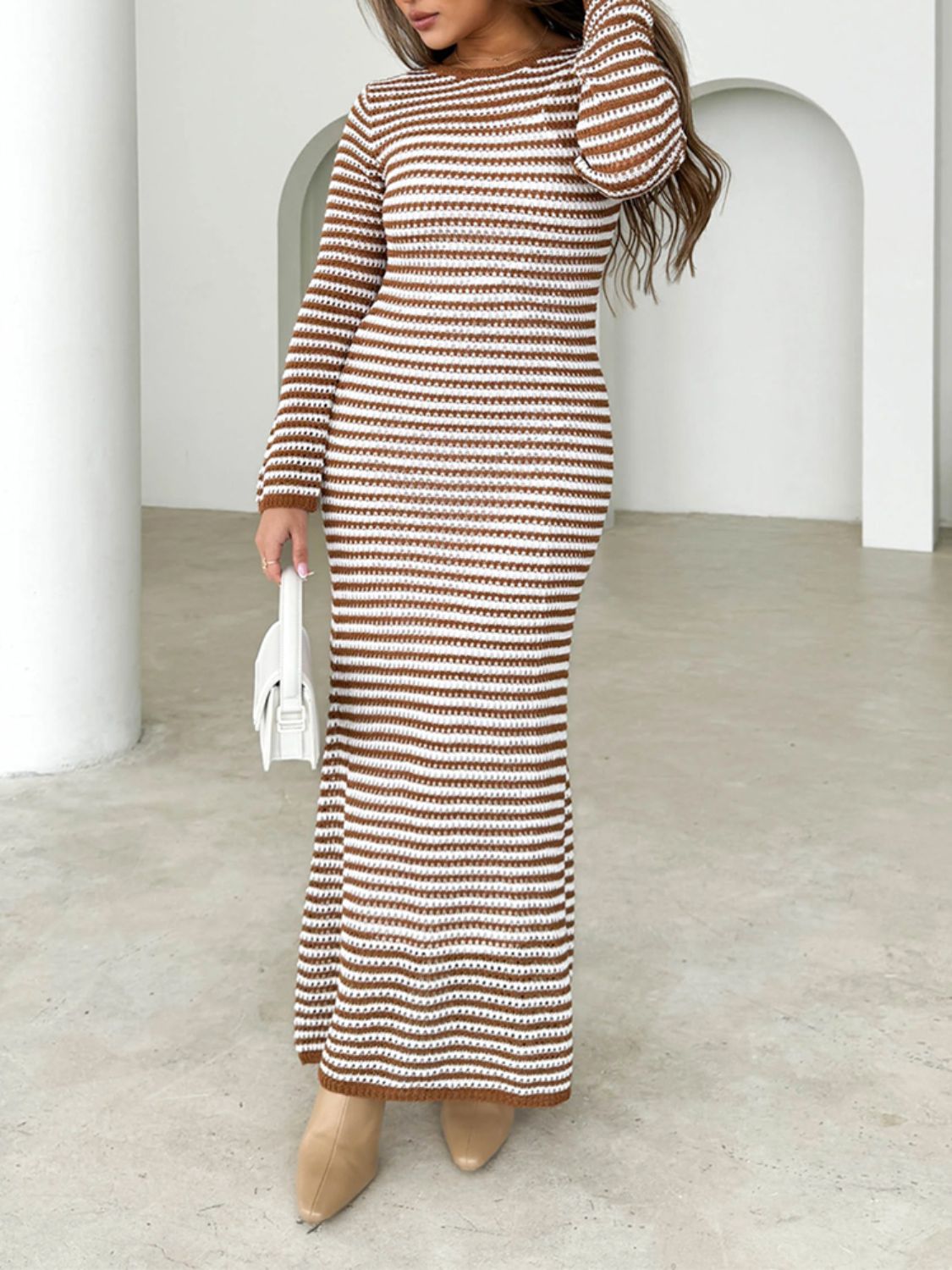 Devine Tied Round Neck Striped Sweater Dress | Maekery Studio