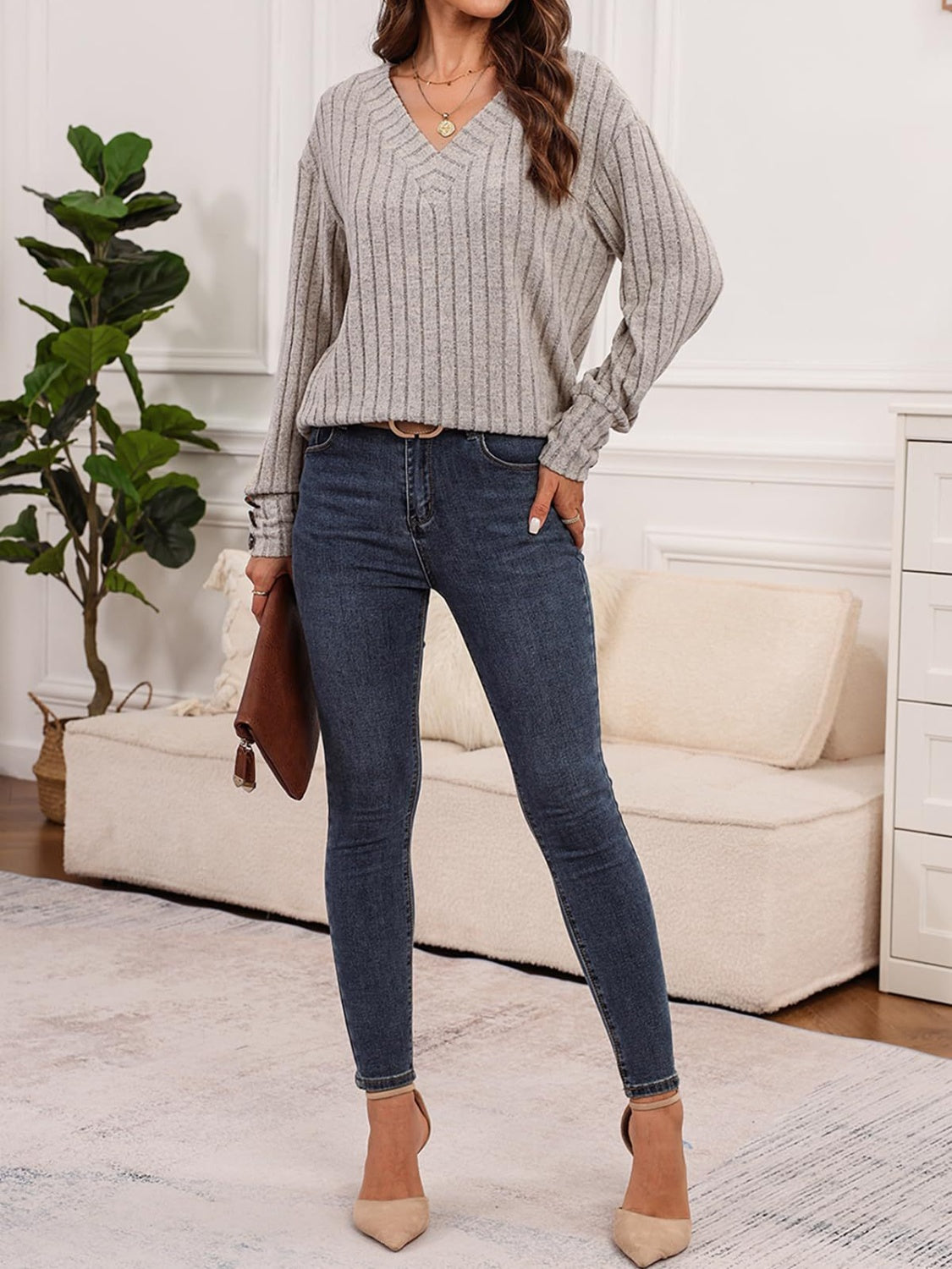 Ribbed V-Neck Long Sleeve T-Shirt | Maekery Studio