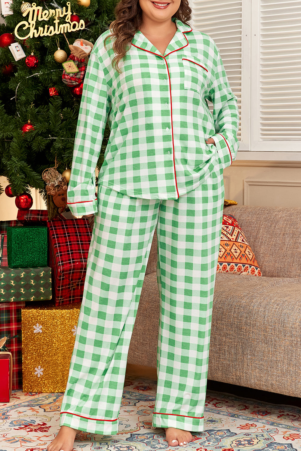 Green Plaid Print Piping Trim Long Sleeve Plus Size Pajama Set