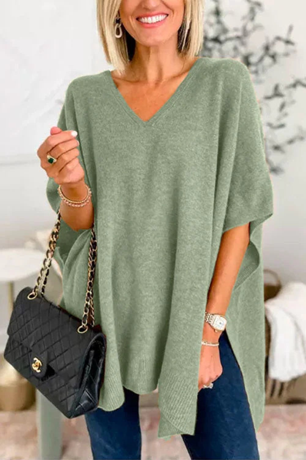 Slit V-Neck Half Sleeve Knit Top | Maekery Studio