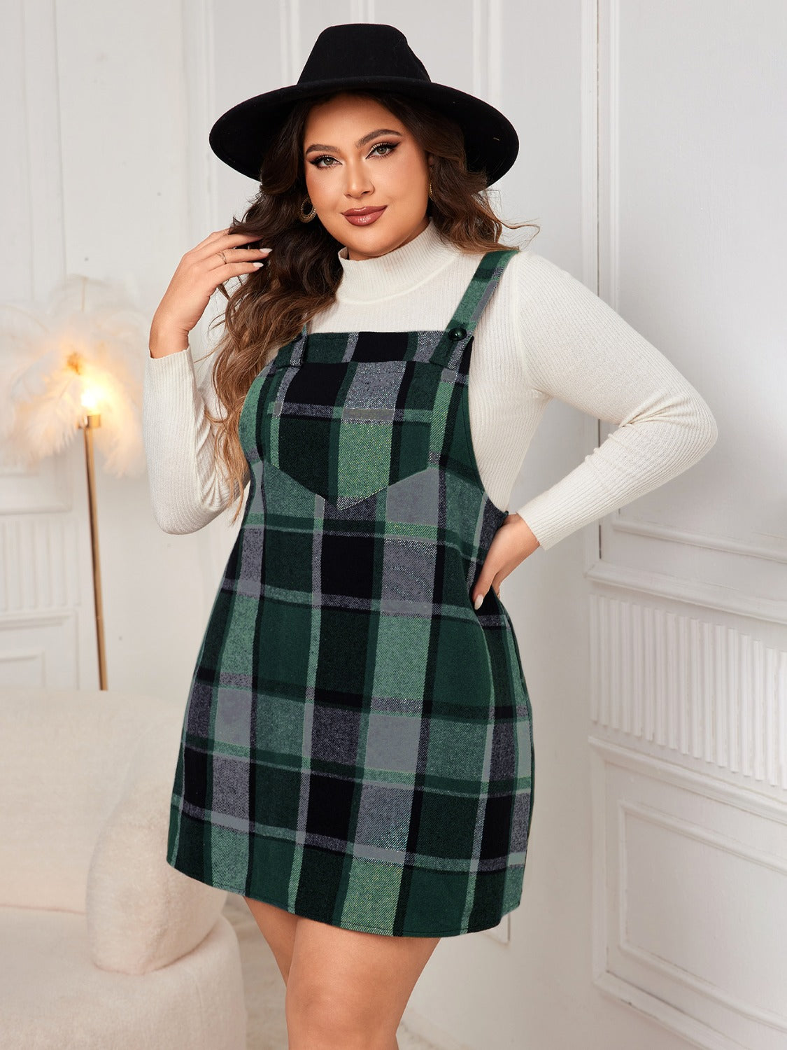 Honey Plus Size Plaid Wide Strap Overall Dress | Maekery Studio