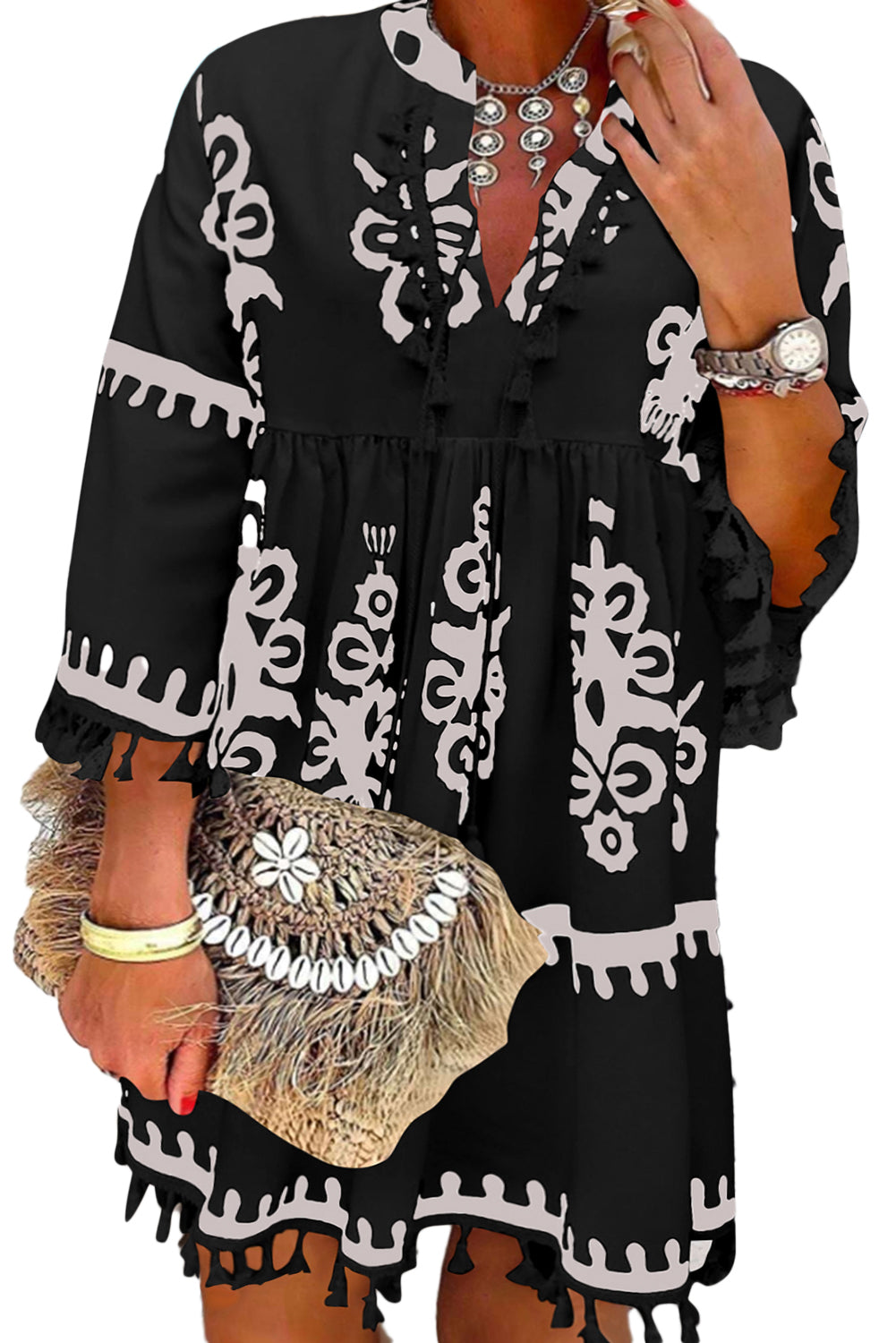 Black Ethnic Print Fringe Hem Plus Size Dress | Maekery Studio