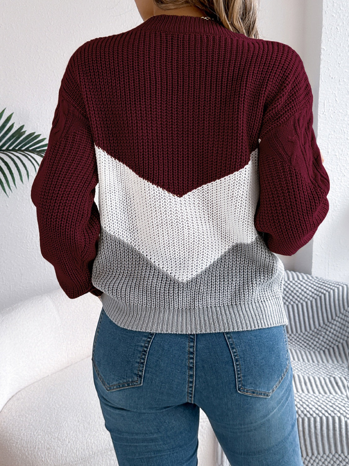 Cable-Knit Color Block Round Neck Sweater | Maekery Studio