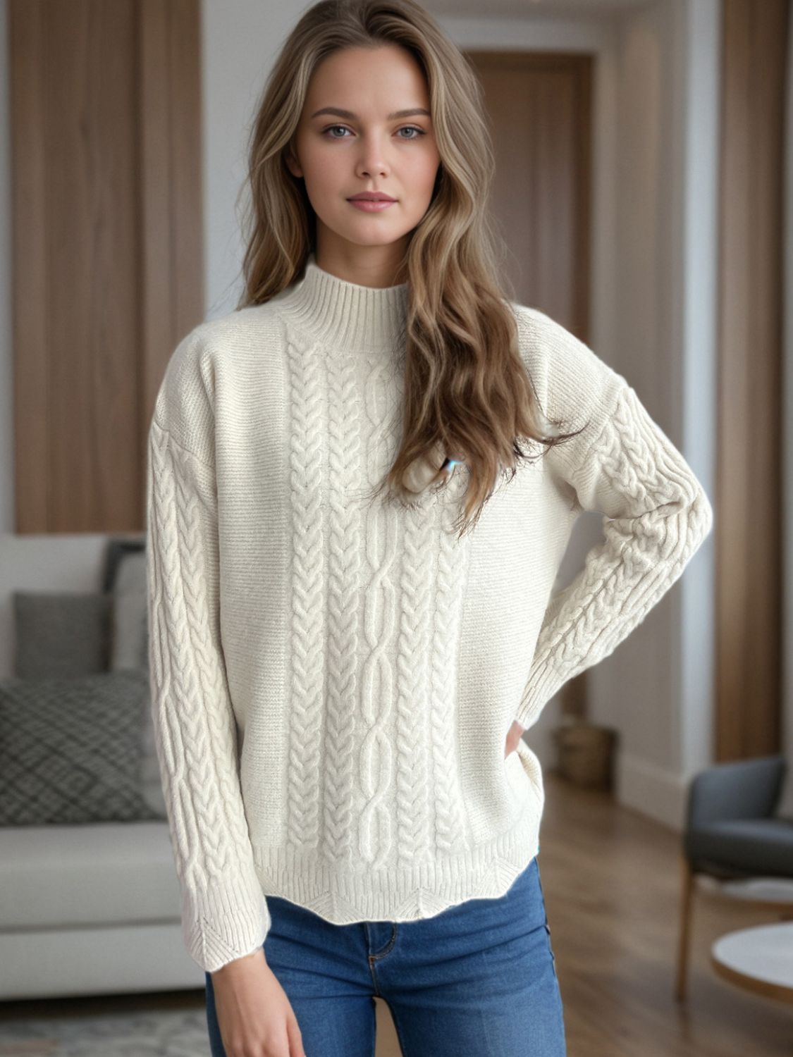 Cable-Knit Mock Neck Dropped Shoulder Sweater