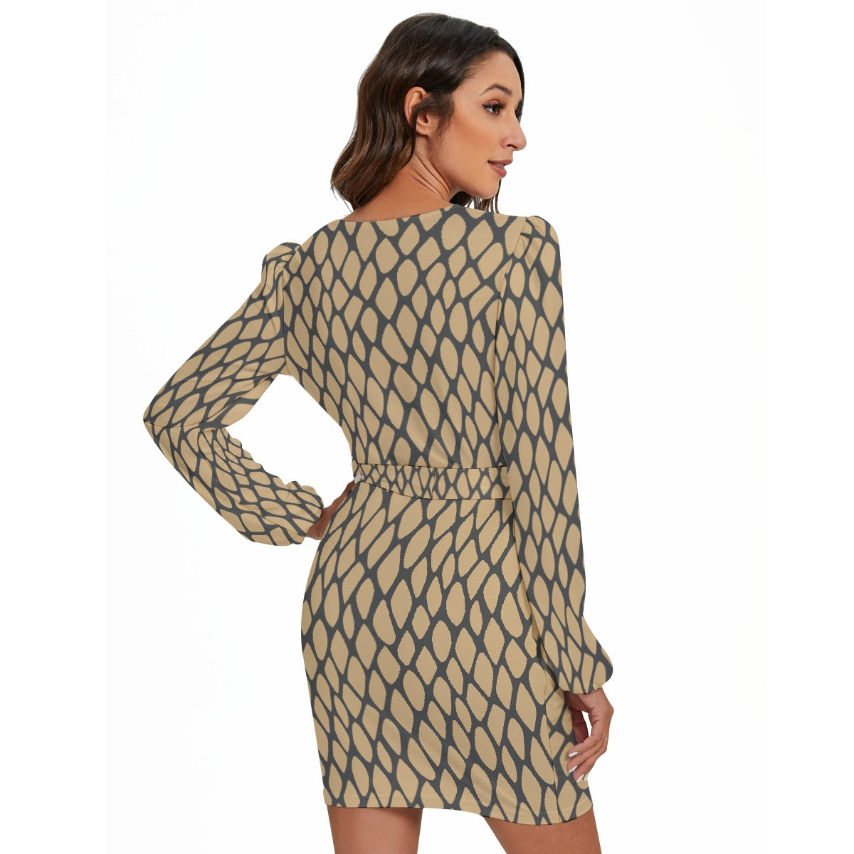 All-Over Print Women's Long Sleeve Dress With Waist Belt | Maekery Studio