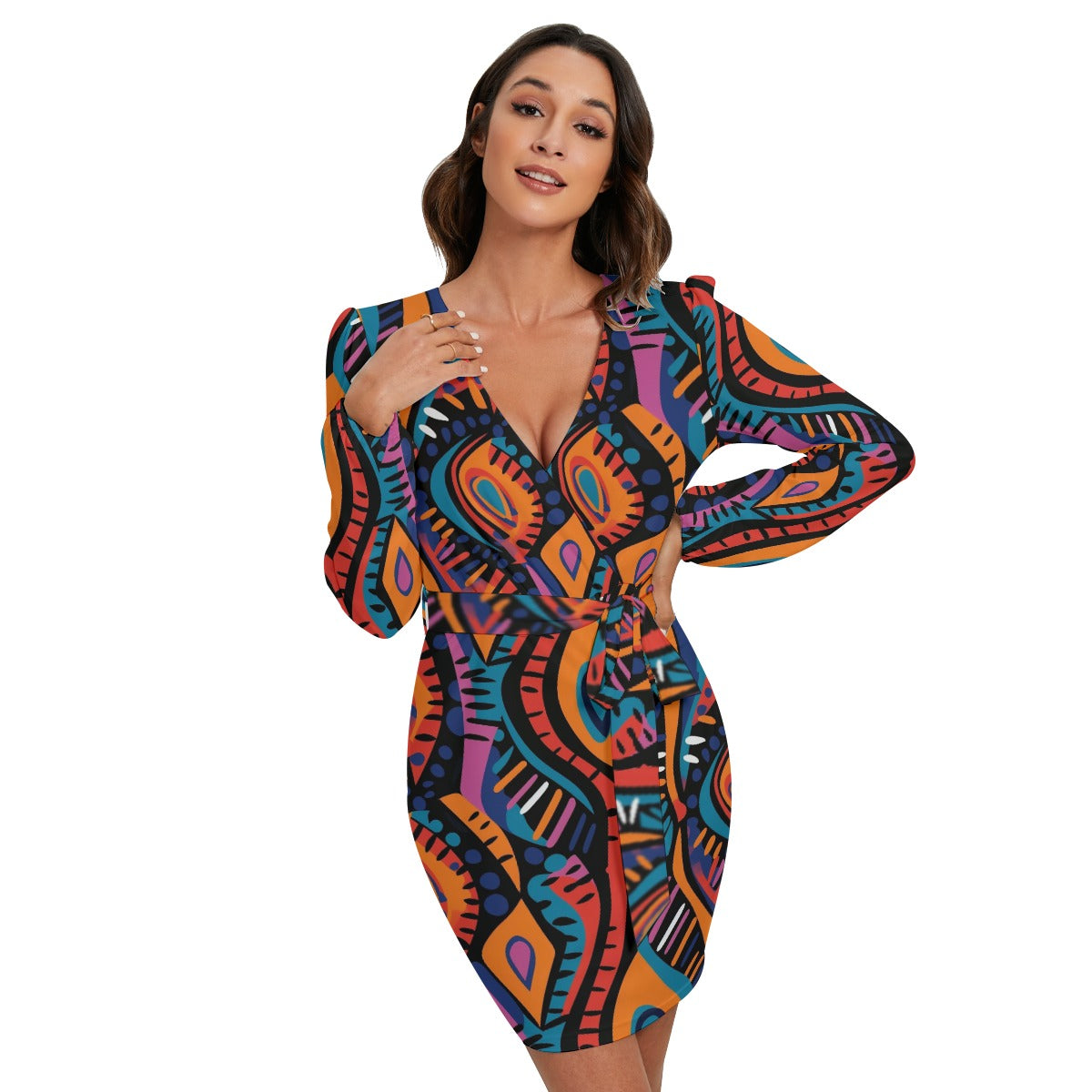 All-Over Print Women's Long Sleeve Dress With Waist Belt | Maekery Studio