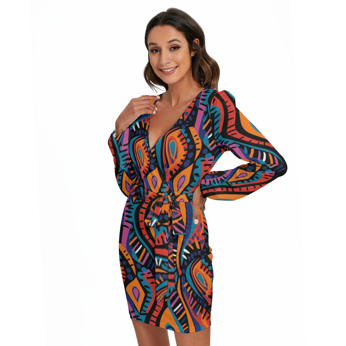 All-Over Print Women's Long Sleeve Dress With Waist Belt | Maekery Studio