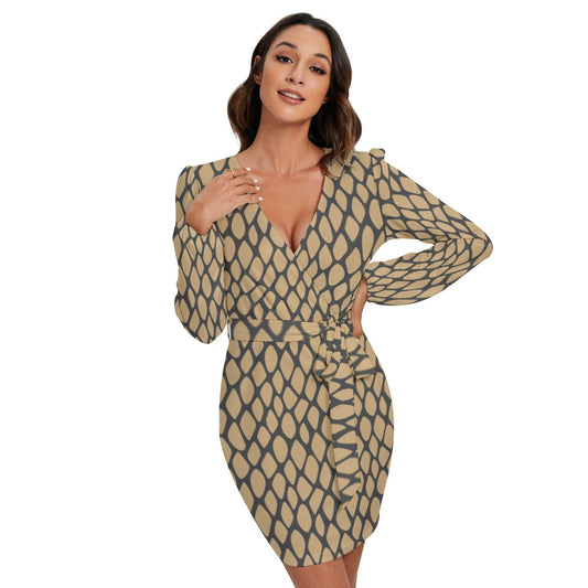 All-Over Print Women's Long Sleeve Dress With Waist Belt | Maekery Studio