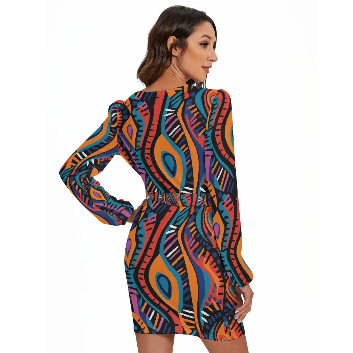 All-Over Print Women's Long Sleeve Dress With Waist Belt | Maekery Studio