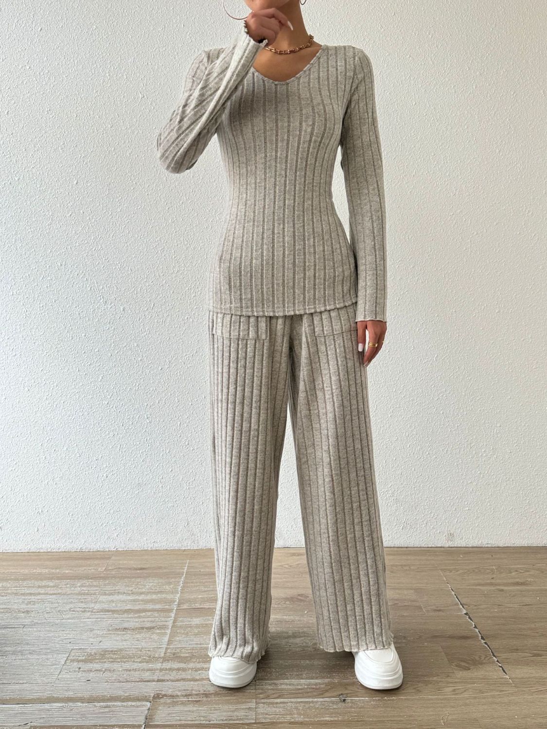 Ribbed V-Neck Long Sleeve Top and Pocketed Pants Set | Maekery Studio