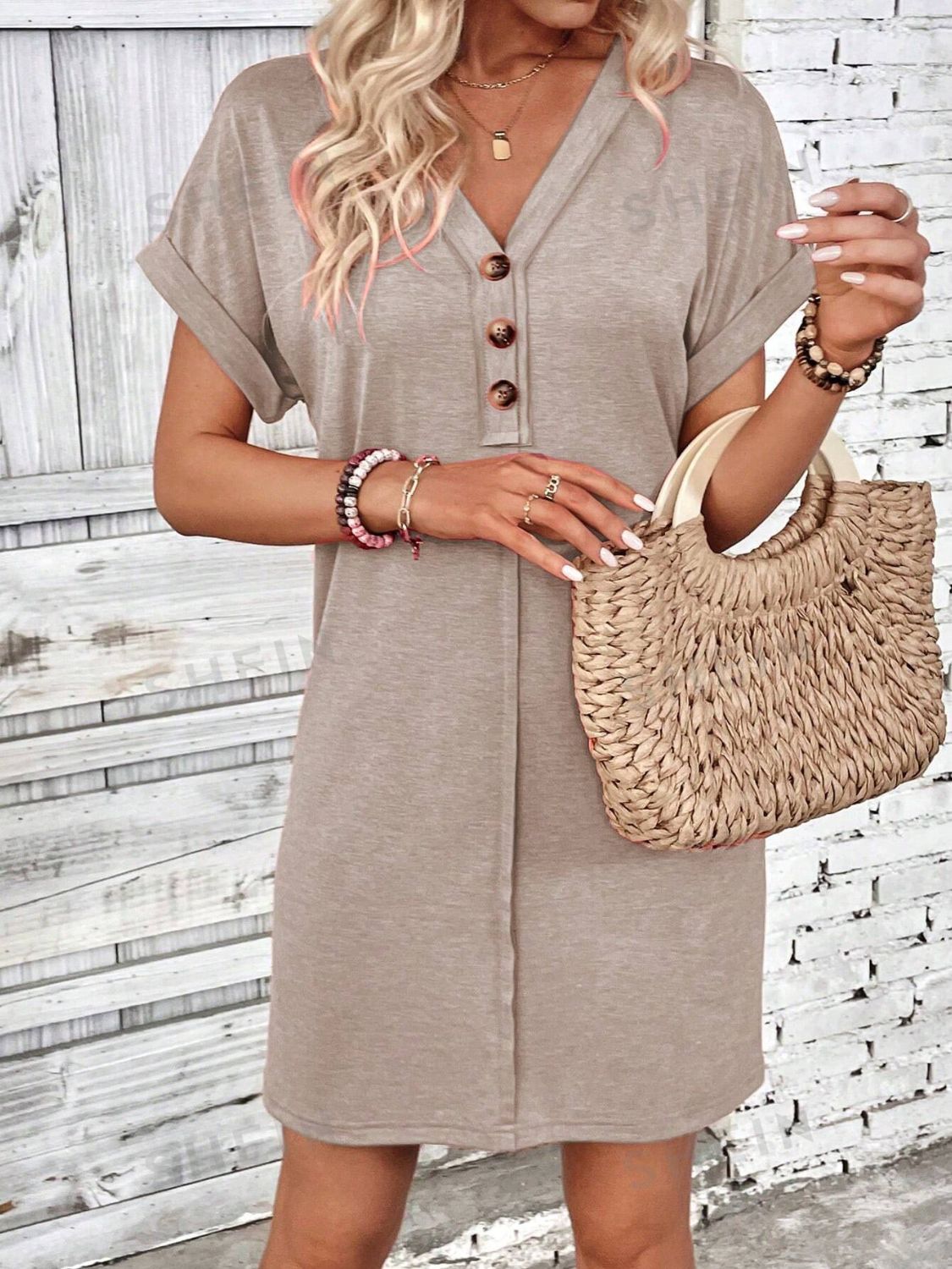 Quarter Button V-Neck Short Sleeve Dress | Maekery Studio