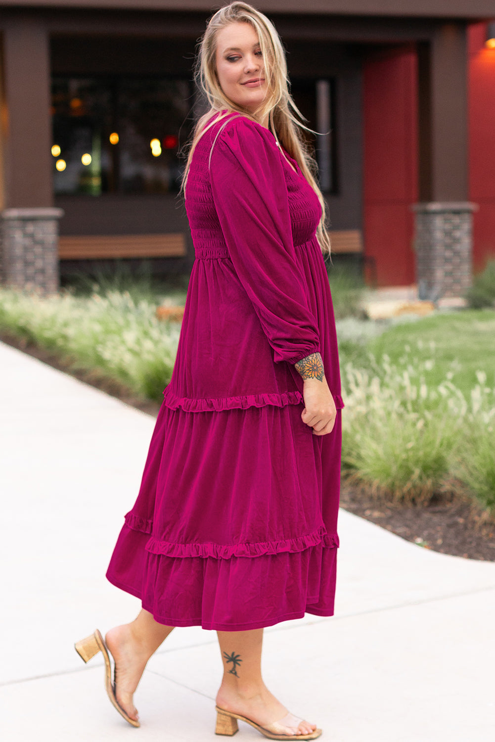 Rose Red Smocked V Neck Tiered Ruffle Velvet Plus Size Maxi Dress | Maekery Studio