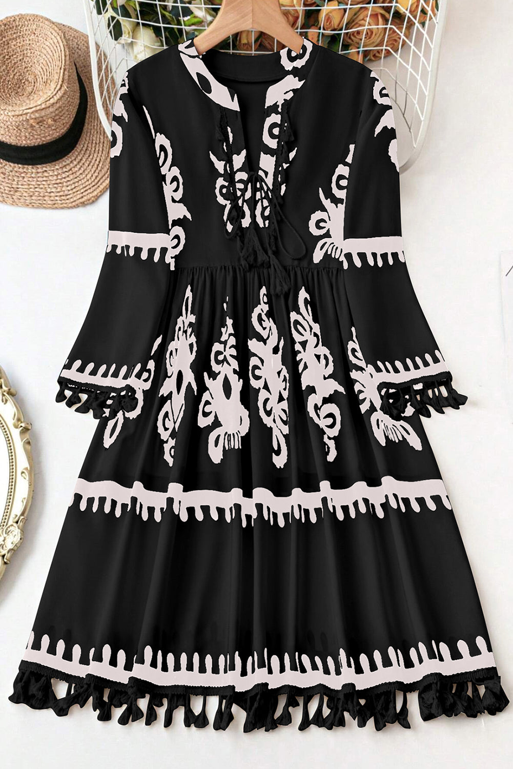 Black Ethnic Print Fringe Hem Plus Size Dress | Maekery Studio