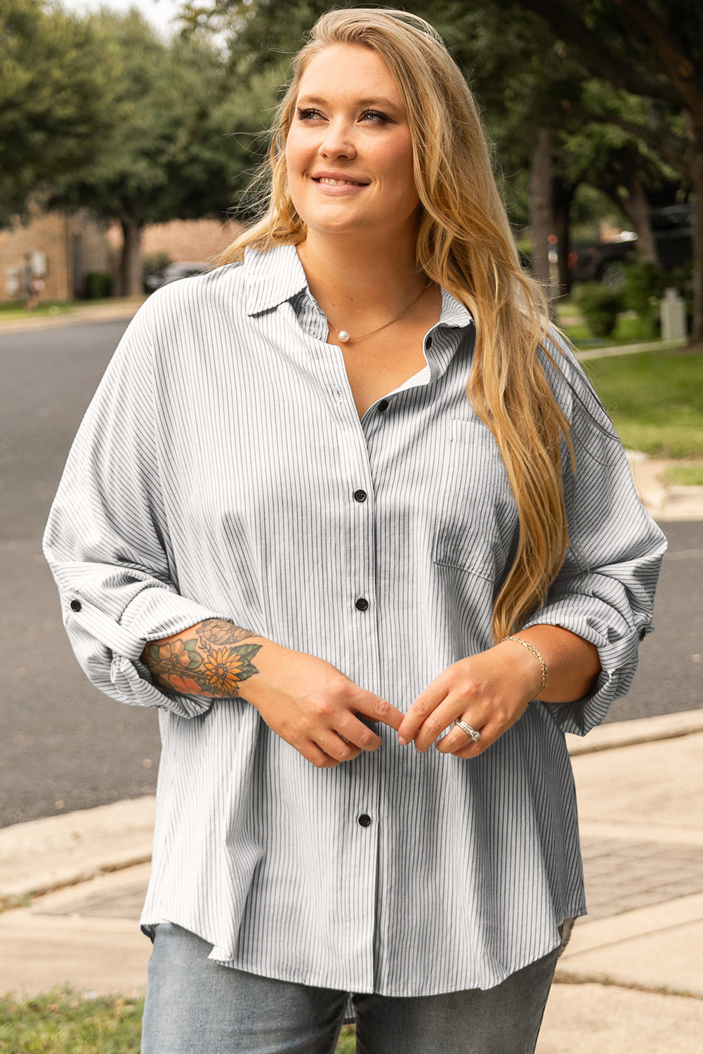 White Stripe Rolled Tab Sleeve Buttoned Plus Size Shirt | Maekery Studio