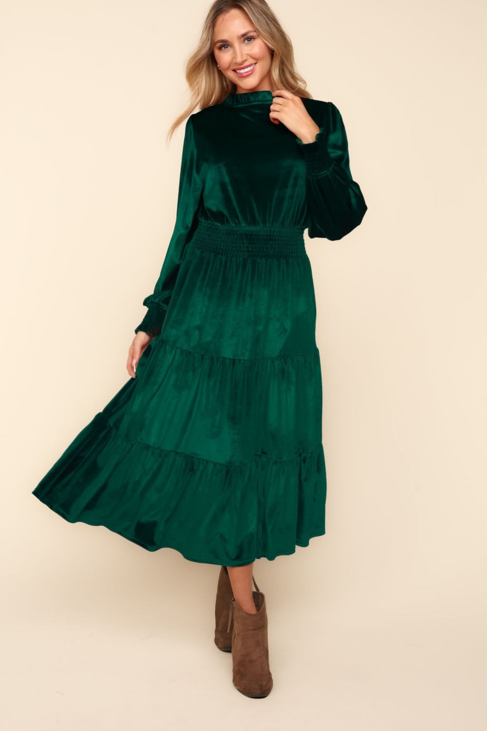 Haptics Mock Neck Smocked Waist Velvet Tiered Dress | Maekery Studio