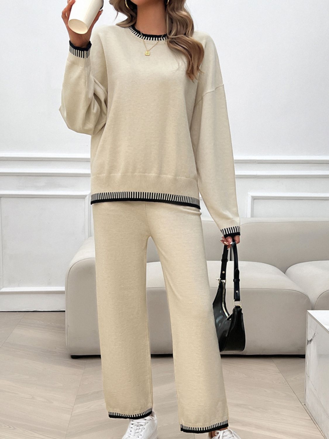 Devine Round Neck Dropped Shoulder Top and Pants Sweater Set | Maekery Studio