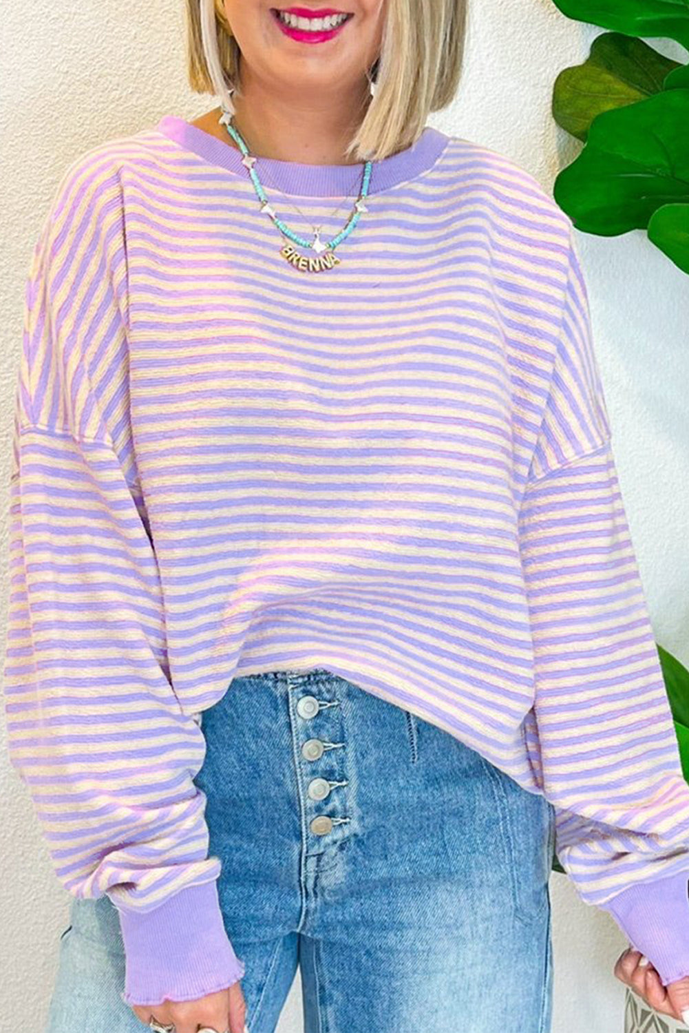 Purple Stripe Drop Shoulder Long Sleeve Top